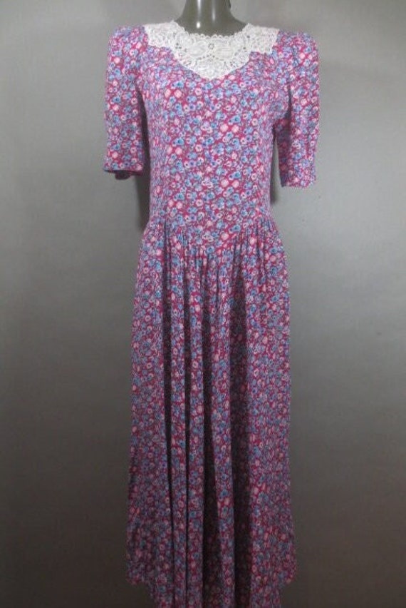Vintage 1980's Maxi Rayon Dress, Lace Panel at Nec