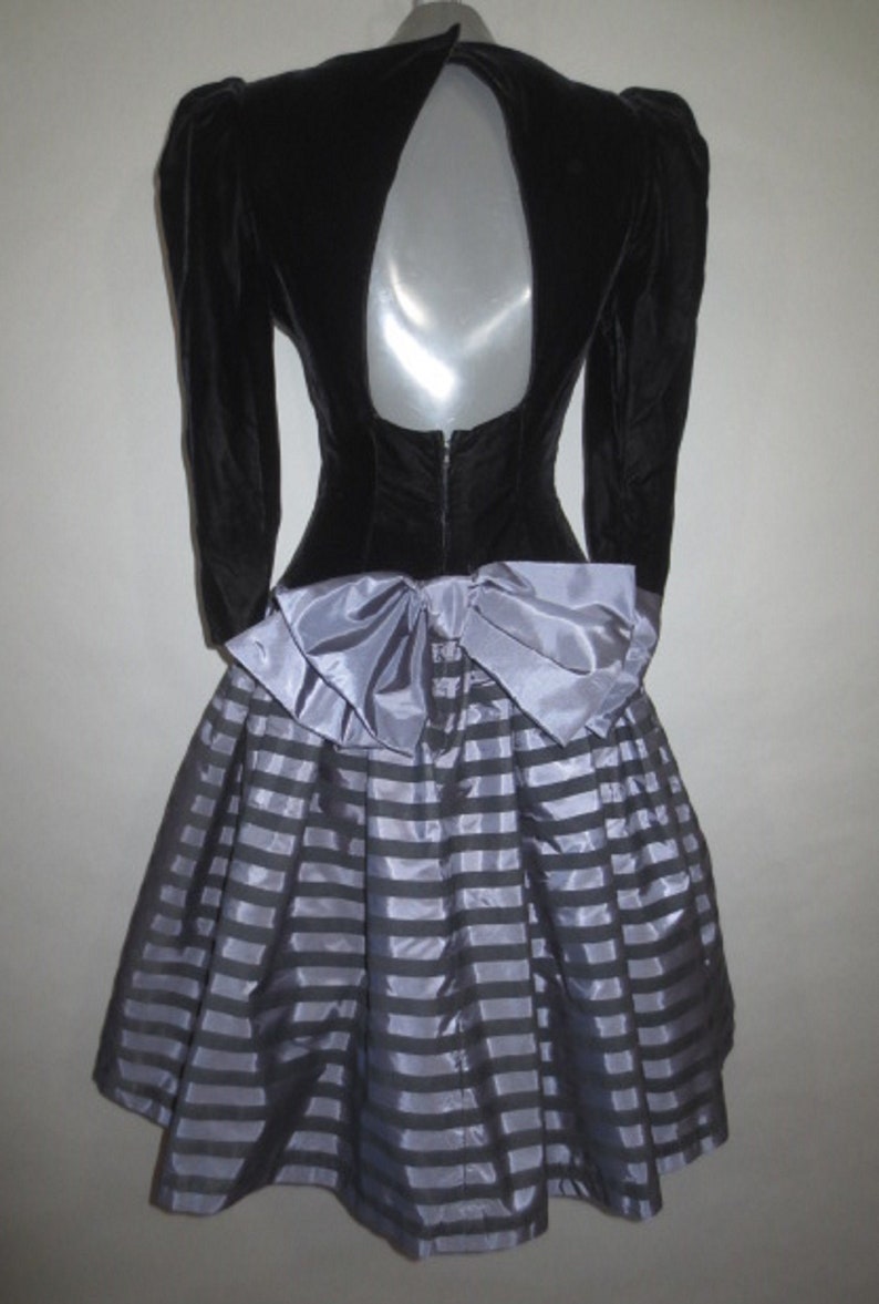 8. Black and Silver Stripe Skirt,Gathered at Drop Waist SALE..Vintage 1980/'s Party Dress,Open Back,AURELIE,Velveteen Top with Drop Waist