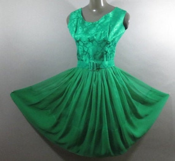 Vintage 1960's Prom Dress, Green Brocade with Chi… - image 1
