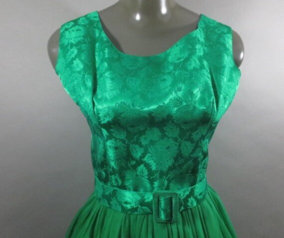 Vintage 1960's Prom Dress, Green Brocade with Chi… - image 3