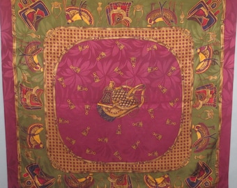 Silk Equestrian Scarf, ADRIANNA PAPELL Scarf, Burgundy, Green, Gold, Silk Equestrian Scarf, Good Condition, Saddles, 34" X 36"