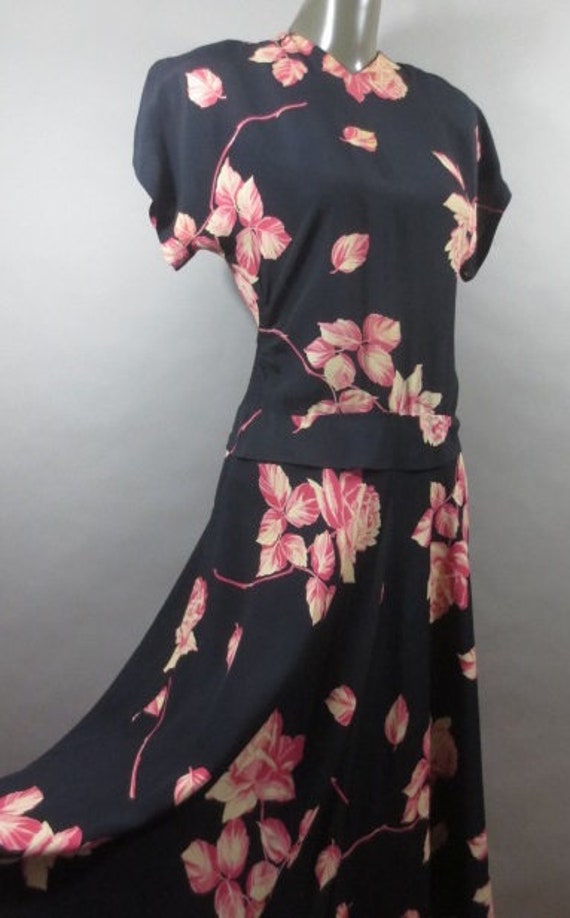 Vintage 1940's Black Crepe Dress, Large Pink Rose… - image 2