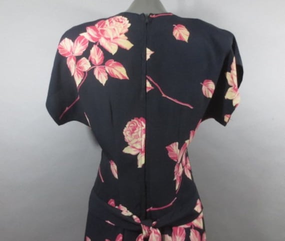 Vintage 1940's Black Crepe Dress, Large Pink Rose… - image 8