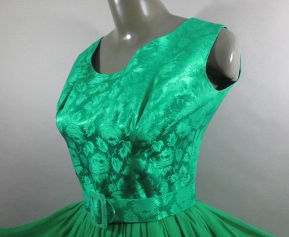 Vintage 1960's Prom Dress, Green Brocade with Chi… - image 4