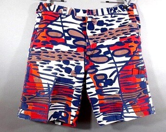 Vintage 1960's Board Shorts, HONDO Label, Abstract, Snap Waist, Metal Zipper, Pockets 31" waist
