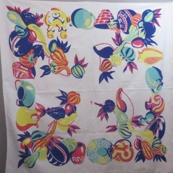 Vintage 1950's Tablecloth, Bright Colors, Pottery, Fruit, Gourds, Repaired Hole, Light Stain, Selvage Edges and Hemmed Edges, Approx 47"X48"