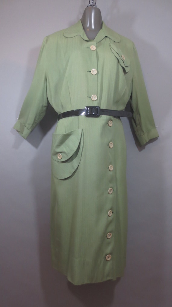Vintage 1950's Dress, CHARLES HYMEN,Sage Green, Fu