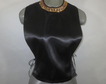 1930's Dickie, Black Satin, Gold Sequin, BAROUCHE Original, Side Ties, Tulle Back neck Snap