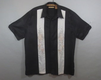 HAVANERA Co, Man's Shirt, Black Shirt, White Vertical Front Stripes w Machine Embroidery Wine Glasses, Good Condition,Silky Rayon Cotton, XL