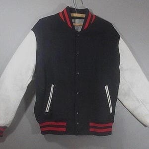 Letterman's Jacket, Wool, Leather Sleeves, TM Athletics, Seattle, Varsity Jacket, Snap Front, Black w White Sleeves, Red Stripe, 46