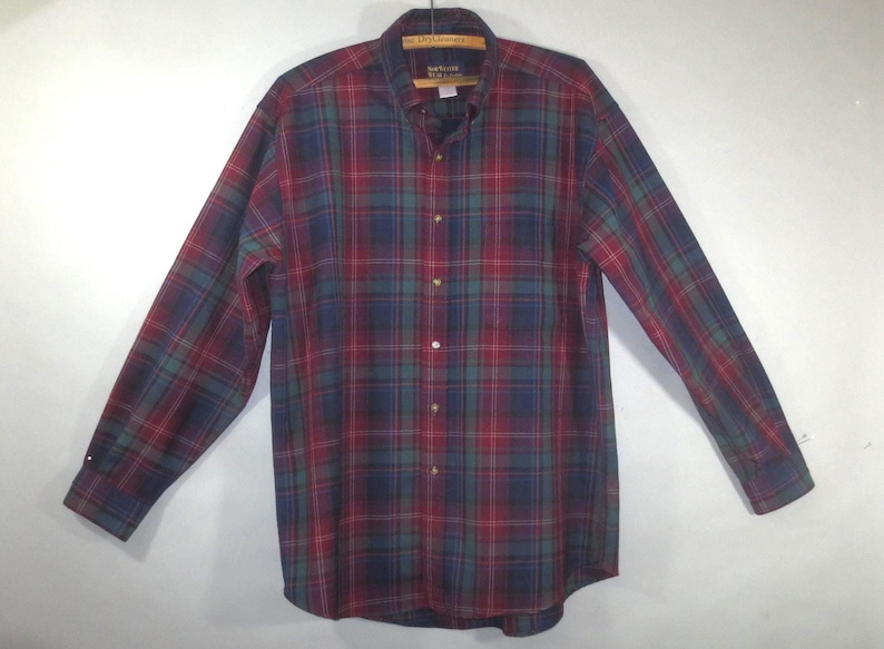 NOR'WESTER by PENDLETON, Men's Shirt, Long Sleeved, Button Down Collar, Red Green Plaid, Poly Wool, Very Good Condition, Large image 1