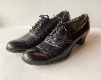 1940's Woman's Shoes, Block Heel Oxford, DR SCHOLL'S, Black Leather Lace-up, 9.5AA