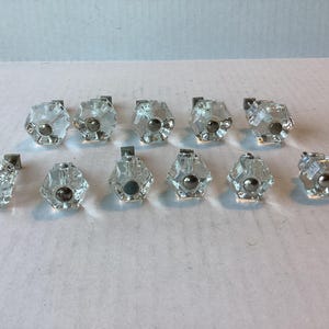 Vintage Clear Glass Drawer Pulls, Cabinet Knobs, Lot of 11. Two sizes, Hexagonal Shape