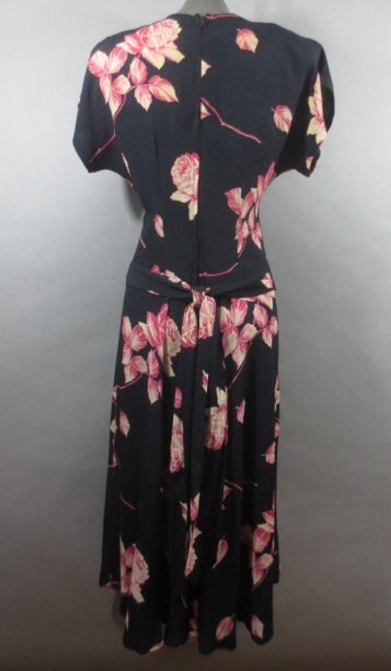Vintage 1940's Black Crepe Dress, Large Pink Rose… - image 7