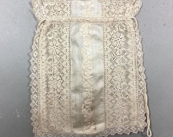 1910 Vintage Drawstring Bag, Cotton, Lace, Embroidery