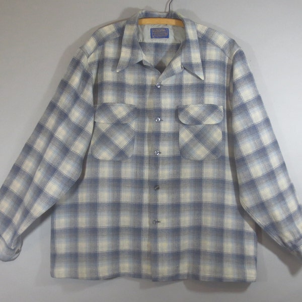 Vintage PENDLETON Wool Shirt, Blue Gray White, Shadow Plaid, Flap Pockets, Made in USA, 100% Wool, Patch on Sleeve, Good Condition, XL