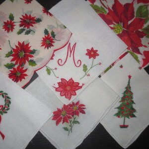 Lot of 6 Christmas Handkerchiefs, Christmas Hankies, Christmas Tree, Wreath, Poinsettias, 'M' Monogram, All Good Condition