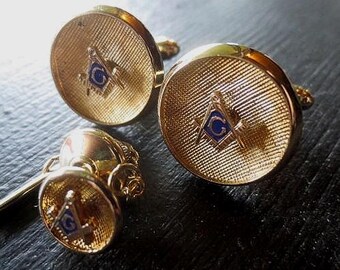 Masonic Cufflinks, Matching Tie Tack, by ANSON , Gold Metal, Good Condition