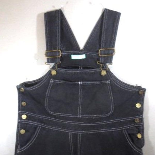 Women's Black Bib Overalls, Adjustable Straps, Bib Pockets, Back Pockets, Black Drill Cloth, Metal Buttons, Good Condition, 36 Waist