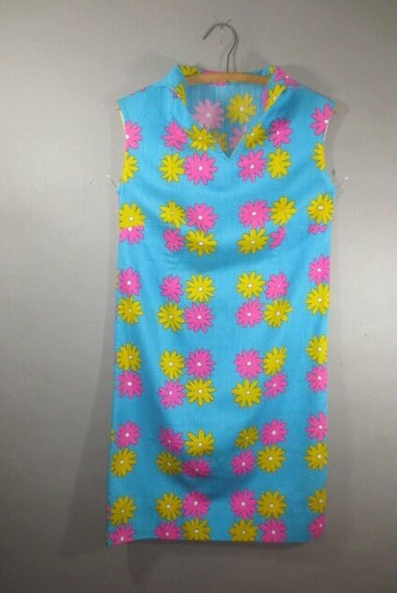 1960's MOD Cotton Pullover Dress, Turquoise w Hot 
