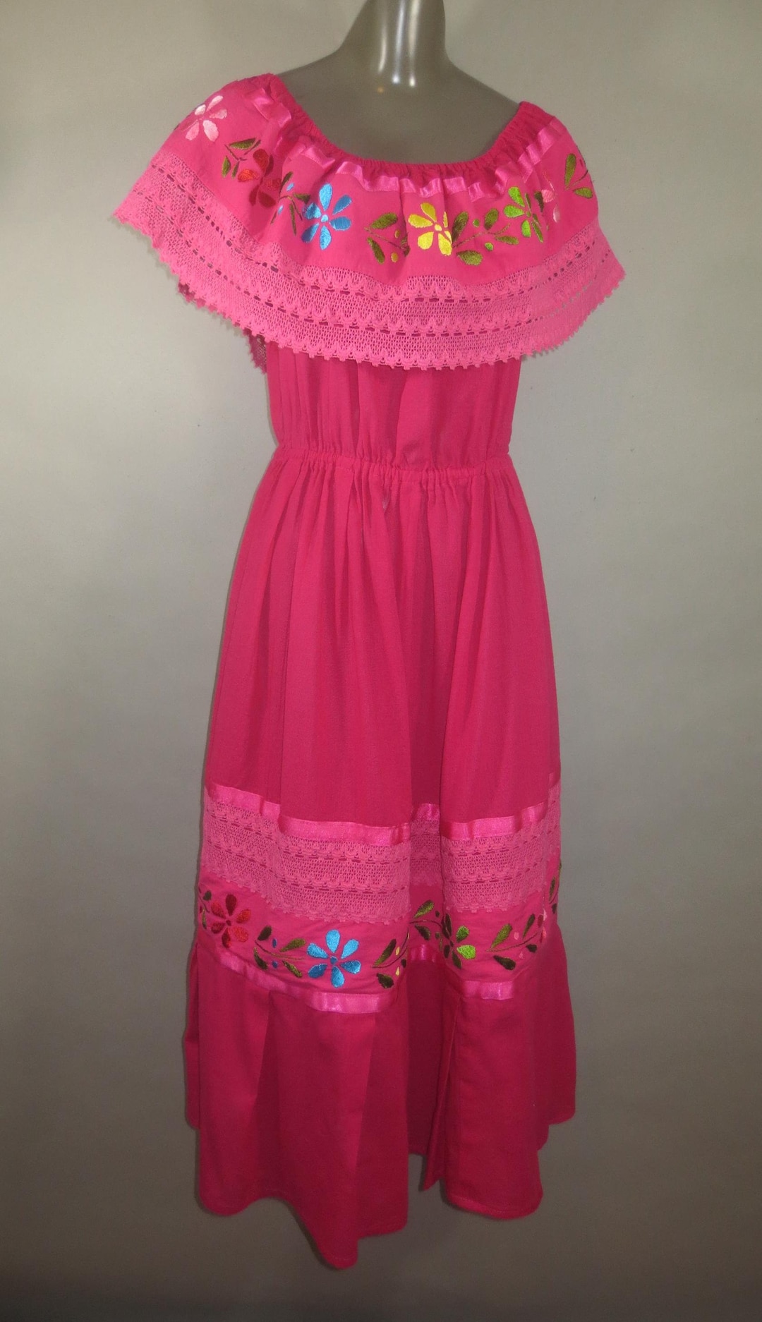 Mexican Fiesta Dress, Bright Pink, Cotton W Embroidery Trim,cotton Lace ...