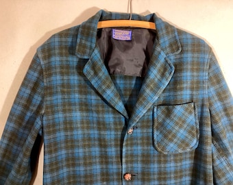 1960's PENDLETON Jacket, Leather Buttons, Patch Pockets, Blue Green Wool Plaid, Medium