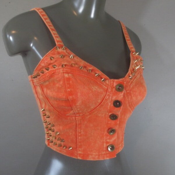 Halter Top w Spiky Studs, Orange Halter Top, Crop Top with Spikes, Ruched Elastic Back Panel, Button Front, Good Condition, Size Small