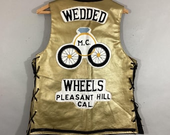 Vintage Motorcycle Vest, Gold Vinyl, WEDDED WHEELS M.C., Pleasant Hill, Cal.