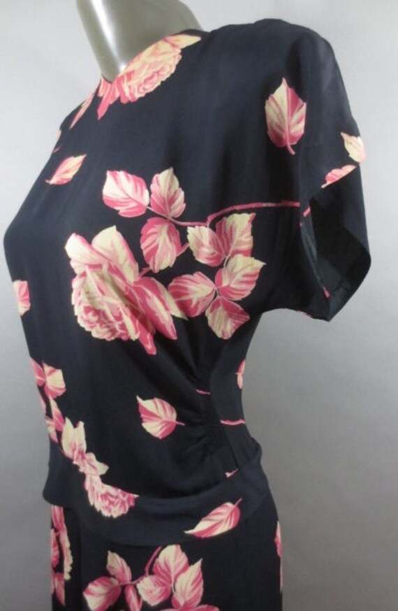 Vintage 1940's Black Crepe Dress, Large Pink Rose… - image 3