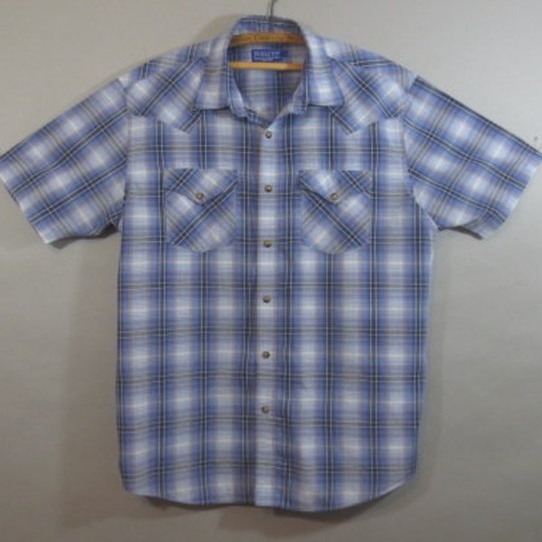 PENDLETON Western Shirt, Blue Plaid, Snap button Front, Breast Pockets with Flaps and Snaps, Shirttail Style Shirt, Very Good Condition, Lg