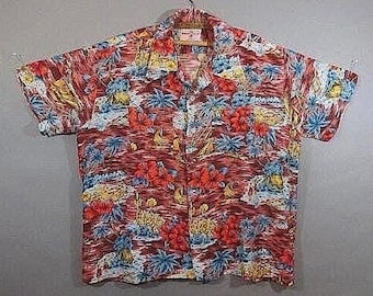 May include: A red, blue, yellow, and white Hawaiian shirt with a floral print. The shirt has a button-up front and short sleeves.