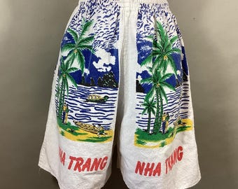 NHA TRANG Souvenir Shorts, Vietnam Tropical, Elastic Waist, Palm trees