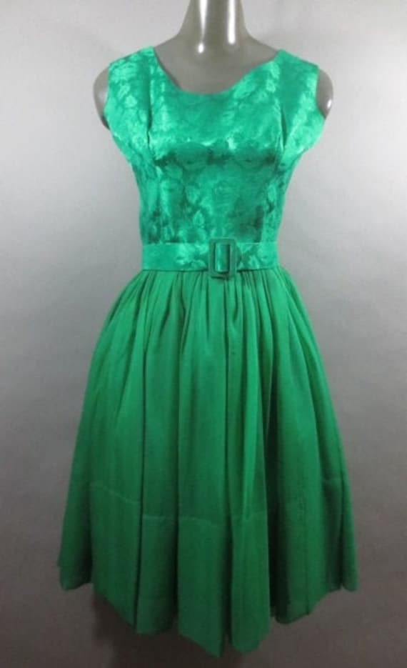 Vintage 1960's Prom Dress, Green Brocade with Chi… - image 2
