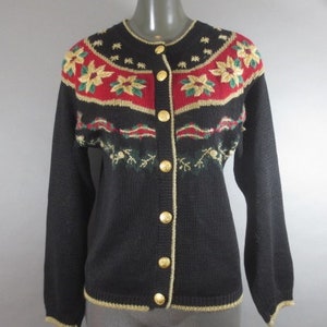 Vintage Christmas Sweater, NORTON McNAUGHTON Petites, Ramie Cotton Cardigan Sweater, Poinsettias, Metallic Trim, Brass Button Front, M