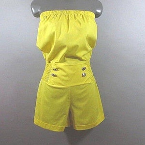 Vintage Strapless Romper, Wide Elastic Ruched Side and Back, Elastic At Top of Bodice, Short Shorts, 4 Decorative Button, Cotton, Large
