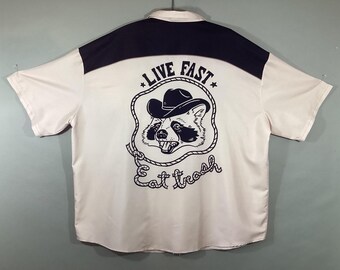 Raccoon Cowboy, Western Shirt, Short Sleeved, Poly. Button Front, Raccoon Images, "Live Fast, Eat Trash", Size 3X