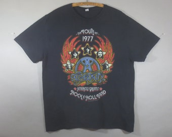 AEROSMITH, Tour 1977 T Shirt, Reproduction, Fruit of the Loom Label, America's Greatest Rock & Roll Band, Cotton, Very Good Condition, XL