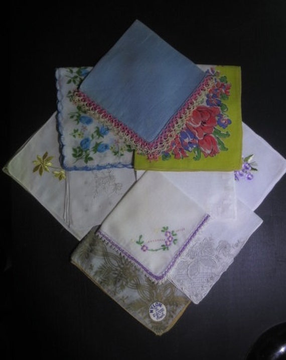 Vintage Handkerchiefs, Lot of 10 Hankies, Lace Ed… - image 1