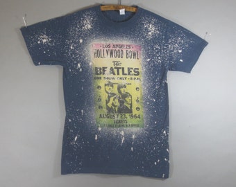 The BEATLES T Shirt, LA Hollywood Bowl, Aug 23 1964, Reproduction, Spattered Background, Tultex, Cotton, Blue Gray, Good Condition, Small