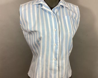 1950's Sleeveless Cotton Blouse, Blue White Stripe, Chest Pocket,  TRULY REGAL
