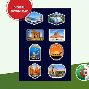 Peut inclure: Ensemble de huit autocollants sur le thème du voyage, représentant des sites algériens. Chaque autocollant a une forme et un design uniques, mettant en valeur des lieux comme Tipaza, Annaba, Batna et Tamanrasset. L'image comprend un cercle rouge avec le texte "DIGITAL DOWNLOAD".