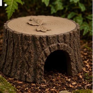Puede incluir: Adorno de jardín en forma de tocón de árbol marrón, con un exterior de corteza texturizada y una parte superior circular plana. La parte superior presenta un adorno en forma de hoja. Una pequeña abertura arqueada es visible en el lateral.