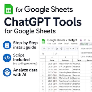 Può includere: Immagine promozionale per Google Sheets ChatGPT Tools. L'immagine include il testo "ChatGPT Tools for Google Sheets" e icone per una guida all'installazione passo passo, script incluso e analisi dei dati con l'IA. È visibile anche un foglio di calcolo.
