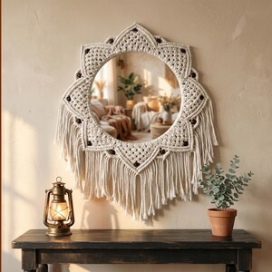 May include: A circular mirror framed with cream macrame, featuring a floral pattern, dark brown beads, and fringe. A vintage lantern and a potted plant are on a dark wooden table beneath the mirror.