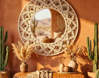 Macrame Mirror Wall Hanging | Boho Wall Mirror Decor | Handmade Cotton Macrame Mirror | Bohemian Wall Art | Round Mirror Wall Decor | Gift