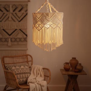 Macrame Pendant Light Boho Hanging Ceiling Light Handcrafted Organic Cotton Wooden Beads Teardrop Lamp
