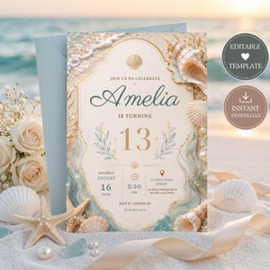 Op de afbeelding: Een rechthoekige uitnodigingskaart met een strandthema, schelpen, parels en gouden accenten. De tekst luidt: Join us to celebrate Amelia is turning 13, Saturday August 16 2026, 5:30 PM, Seaside Pearl Resort, 245 Ocean Breeze Drive, Malibu, California.