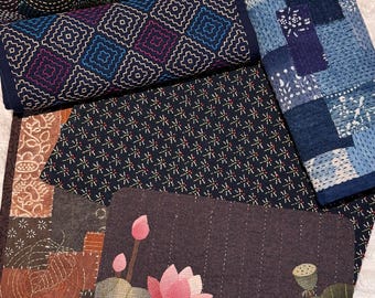 Handmade Botanical Patchwork Placemat with Sashiko Stitching and Mulberry Silk Backing