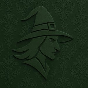 May include: Dark green embossed image of a witch's profile wearing a hat with a buckle. The background is a repeating floral pattern in a darker shade of green. The witch's face is in profile.