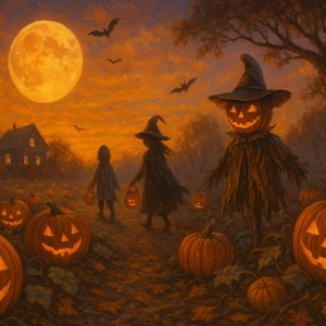 May include: An autumnal Halloween scene featuring a large orange moon, bats, and carved jack-o'-lanterns. Two figures in cloaks walk a path toward a scarecrow with a pumpkin head. A house is in the background.